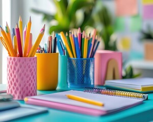 School supplies on desk with vibrant colors, sleek design, cozy study setup