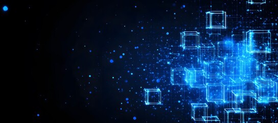 Fototapeta premium Abstract glowing digital blocks forming a network, blockchain technology and data connectivity