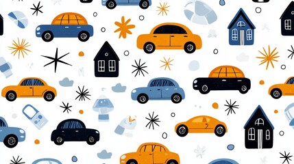 Obraz premium Fun preschool doodle vector art with vibrant cars, houses, and toys in a repeat pattern, creating an imaginative and childlike wallpaper design