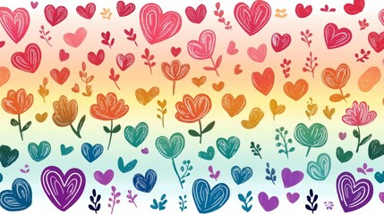 Fun kids' doodles of flowers, hearts, and cloud patterns, bright and colorful rainbow gradient backdrop, joyful and vibrant