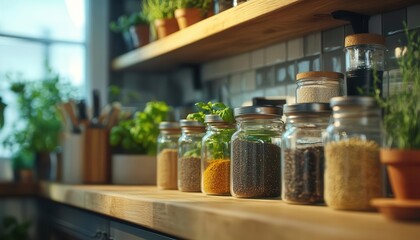 Spices and herbs with vibrant colors, soft lighting, cozy kitchen setup