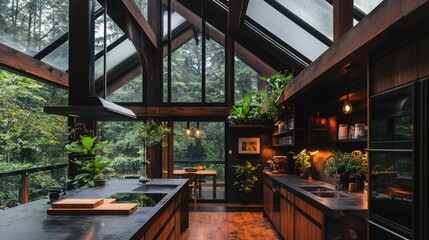 Fototapeta premium Modern Kitchen with Forest Views and Natural Elements