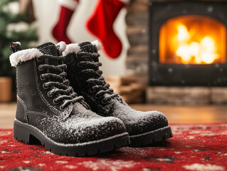 Santa's Boots by the Fireplace with Cozy Holiday Decor