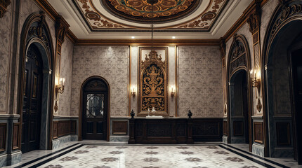 Obraz premium Interior View of an Ornate Hallway with Reception Desk