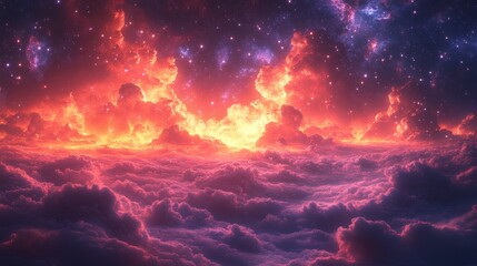 Obraz premium Fiery sunset over a sea of clouds, stars and nebulae in the sky.