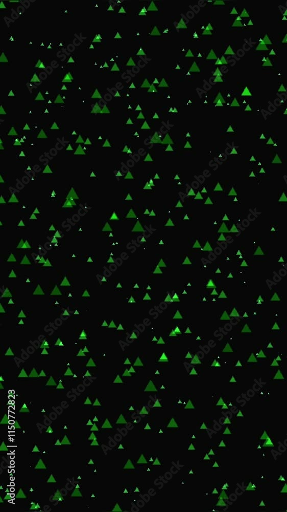 Aufkleber glowing green triangular particles scattered on a black background, vertical video