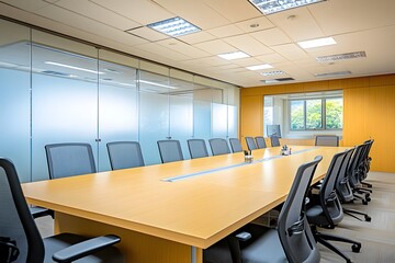 Modern empty conference room with large wooden table and office chairs, ready for business meeting