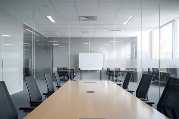 Modern empty conference room with large wooden table and office chairs, ready for business meeting