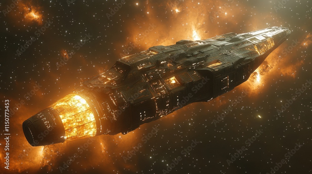 Poster spaceship in nebula, fiery engine thrust.