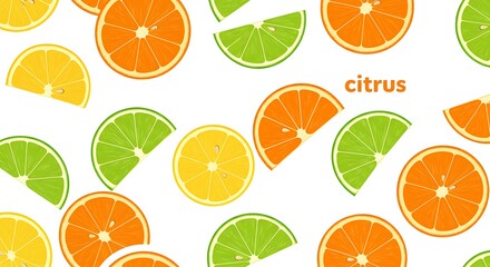 Obraz premium Vibrant citrus fruit slices. Orange, lime, and lemon. Fresh fruit pattern.