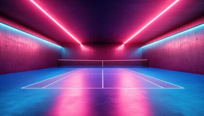 Tennis court with vibrant lighting, sleek design, dynamic energy