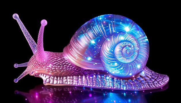 A translucent snail with a glowing shell reflecting a stunning miniature galaxy inside it