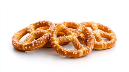High-quality close-up of golden pretzels in unique shapes, lightly salted, isolated on clean white, perfect snack appeal