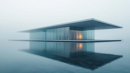 Fototapeta premium Modern architectural marvel on water in serene foggy environment