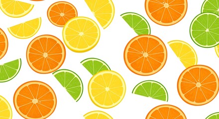 Obraz premium Vibrant citrus slices, orange, lemon, and lime. Fresh fruit pattern.