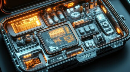Obraz premium Futuristic medical kit open, revealing advanced technology and medication.