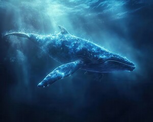Fototapeta premium Whale breaching the surface with vibrant lighting, dynamic movement, soft glow