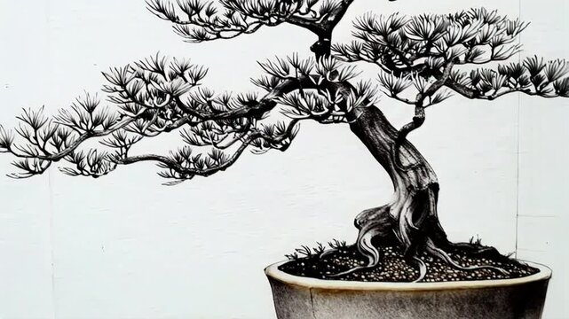 Detailed Black-and-White Sketch of a Bonsai Tree in Rounded Pot with Intricate Branches and Delicate Leaves