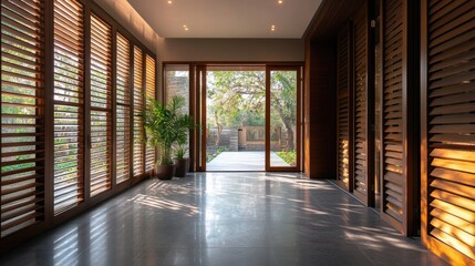 Fototapeta premium Modern Interior with Wooden Shutters and Patio View