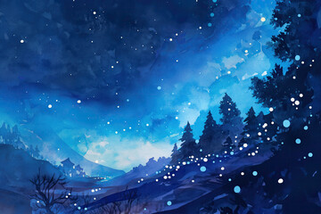 Naklejka premium A Magical Watercolor of a Bioluminescent Forest Glowing with Mystical Light