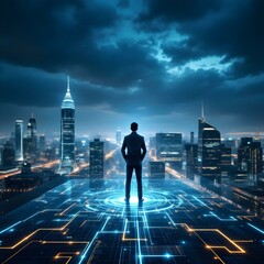 Obraz premium Global business network, silhouette of businessman