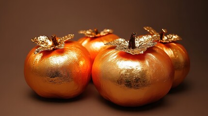 Three glittering persimmons made of pure gold, exuding an air of luxury and sophistication. These meticulously crafted golden fruits shimmer with radiant light, showcasing exquisite details