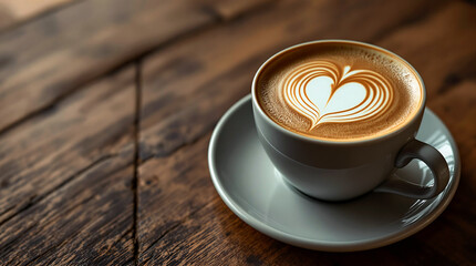Heart-Shaped Latte Art in a Coffee Cup on Wooden Table