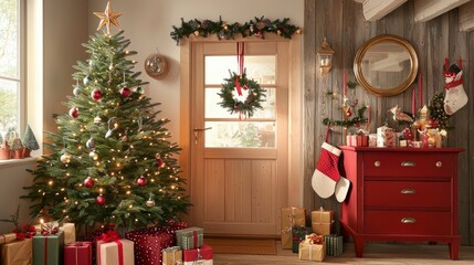 Festive Christmas Decorated Home Entrance with Christmas Tree and Presents