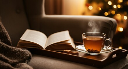 A cup of steaming herbal tea placed next to an open book on a cozy armchair
