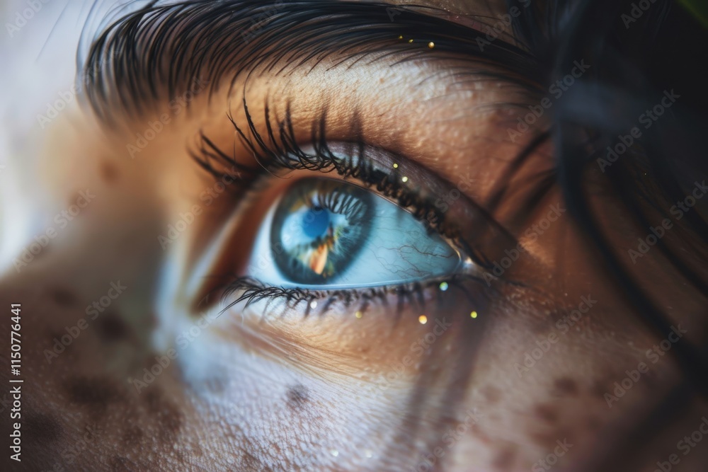 Poster captivating close-up of a vibrant eye with colorful iris and shimmering details highlighting unique 