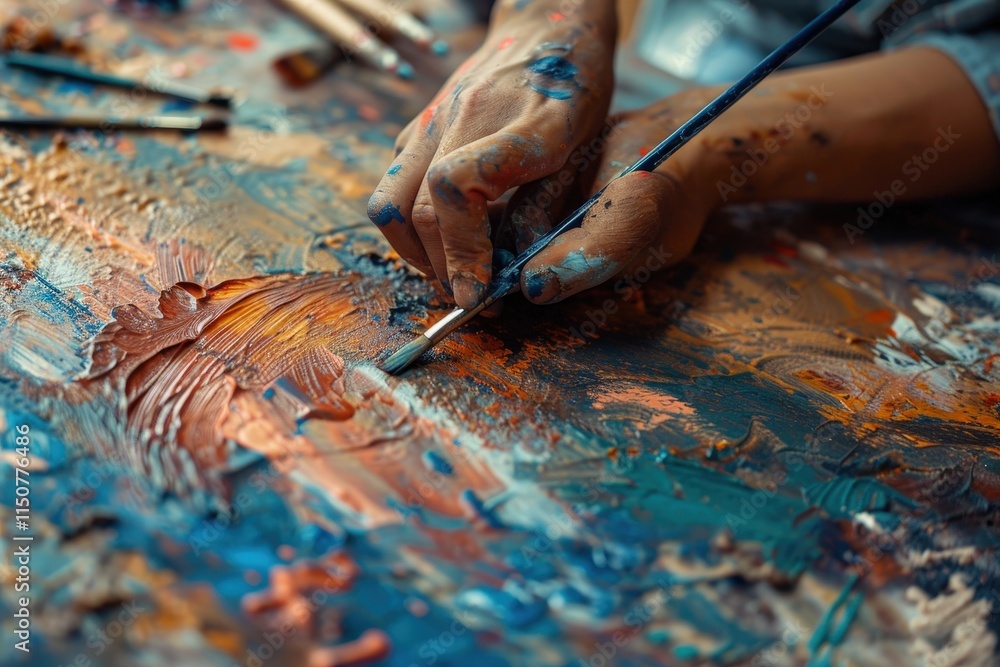 Poster creative hands mix vibrant colors on a textured canvas during an artistic session in a bright studio