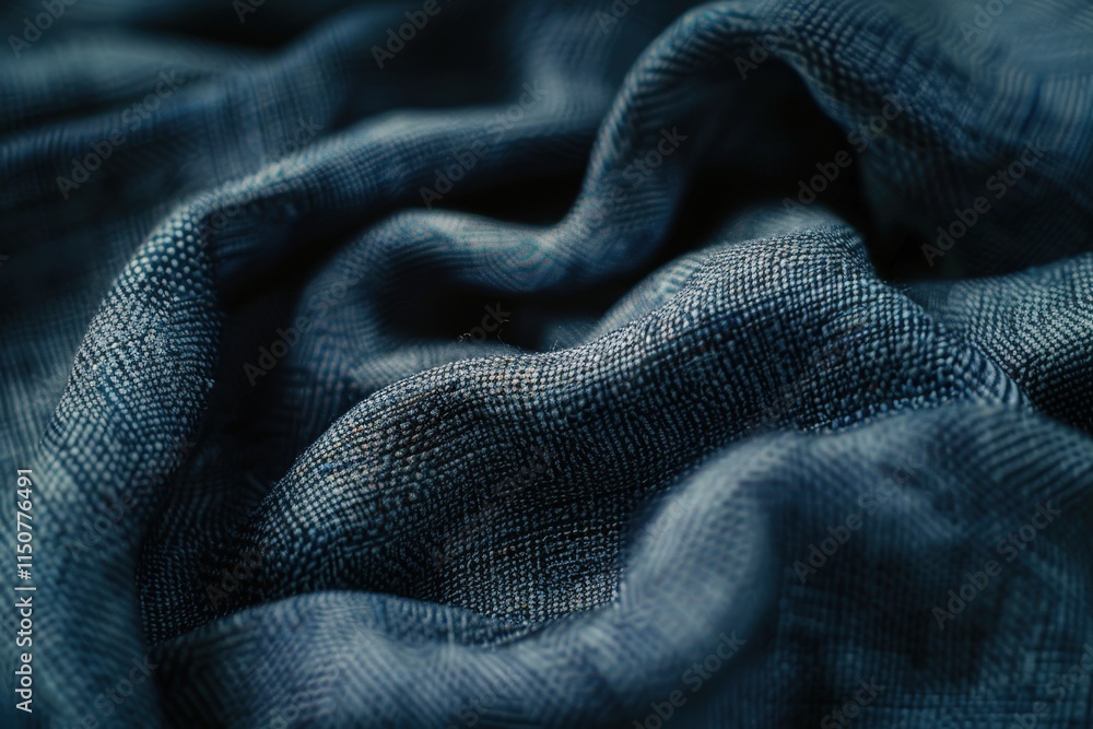 Aufkleber Deep blue textured fabric draped artistically, showcasing its soft weave and intricate patterns in natural light