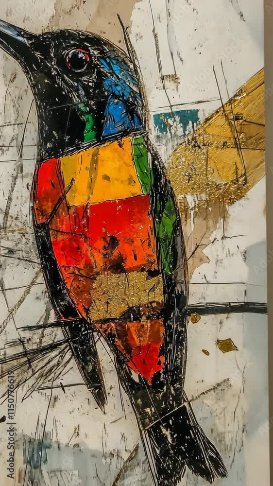Poster colorful bird artwork featuring vibrant patterns and textures in an abstract style