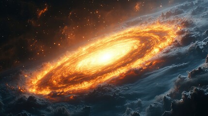 Fiery cosmic swirl galaxy with bright core amidst dark clouds and stars.