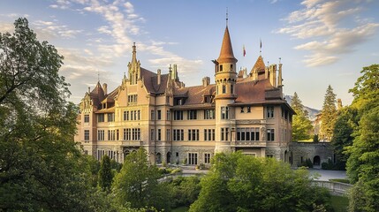 Fototapeta premium A magnificent big castle in Switzerland, surrounded by picturesque Swiss mountains and lush green landscapes. The castle features towering turrets, intricate architecture, and a majestic presence,