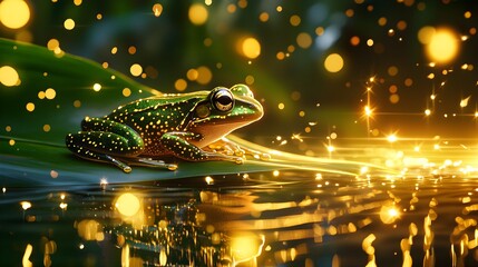 Fototapeta premium Mystic forest frog, detailed green patterns on its skin, resting on a leaf, golden light filtering through the dense mystical foliage, ethereal and vibrant atmosphere