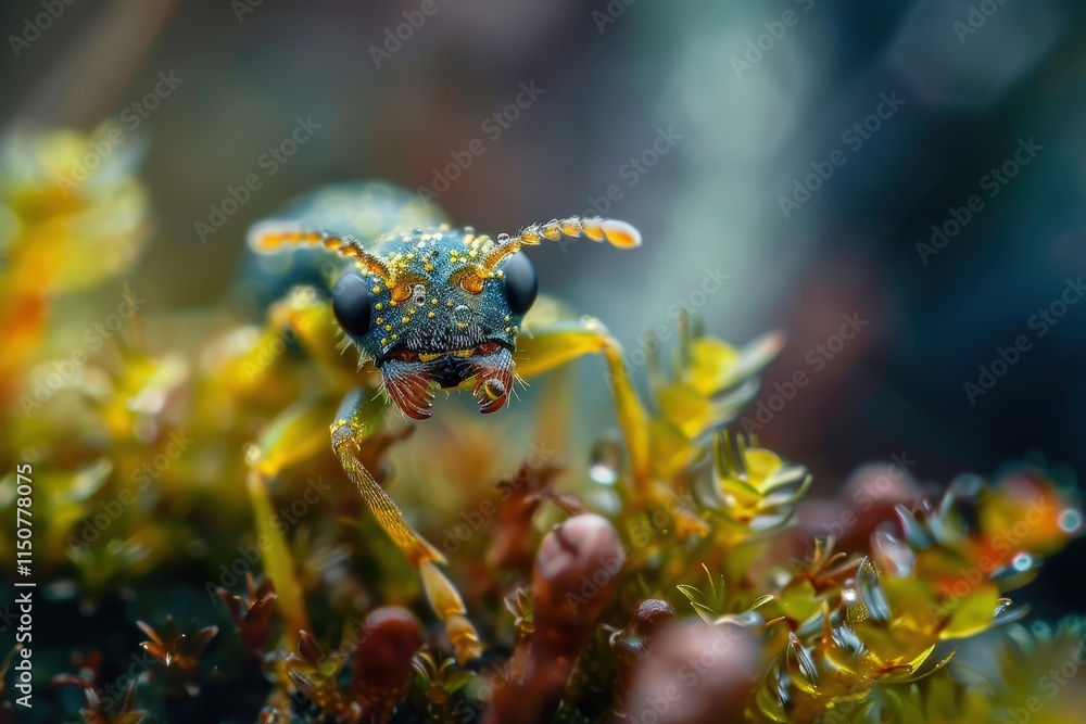 Poster close-up of a vibrant insect exploring colorful moss in a forest setting during daylight hours in na