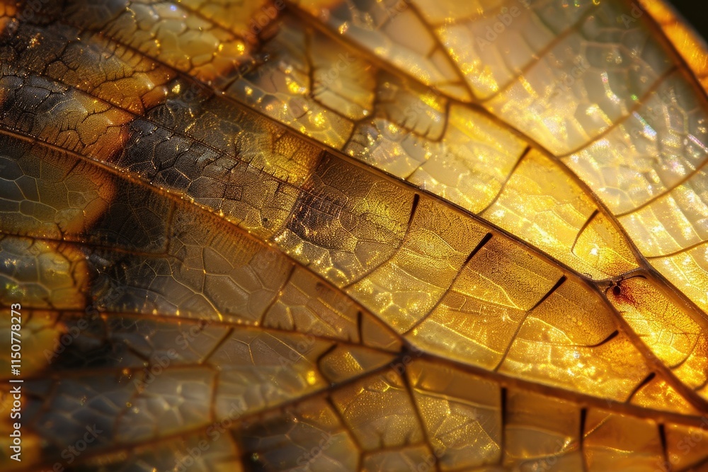 Poster close-up of intricate butterfly wing patterns showcasing vibrant blue and gold hues illuminated by n