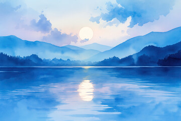 Fototapeta premium A Serene Watercolor of a Calm Mountain Lake Glowing Under the Soft Moonlight