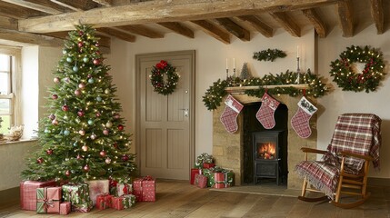 Obraz premium Rustic Christmas Interior with Decorated Tree and Fireplace