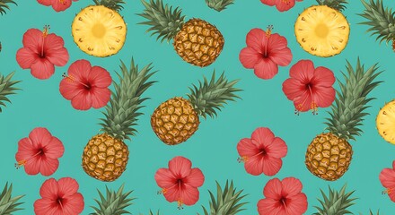 Vibrant tropical pattern with pineapples, hibiscus flowers, and summer fruit.  Red hibiscus.
