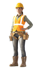 A woman in a construction outfit stands confidently, wearing a hard hat and safety vest, ready for work in an industrial setting.