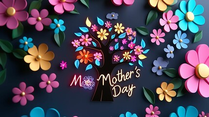 Mother's Day gratitude togetherness. A vibrant, colorful paper flower arrangement surrounding a tree illustration, celebrating Mother's Day with the text "Mom Mother's Day.