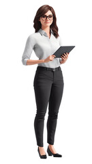 Fototapeta premium A professional woman stands confidently, holding a tablet, dressed in business attire, suggesting a corporate or tech environment.