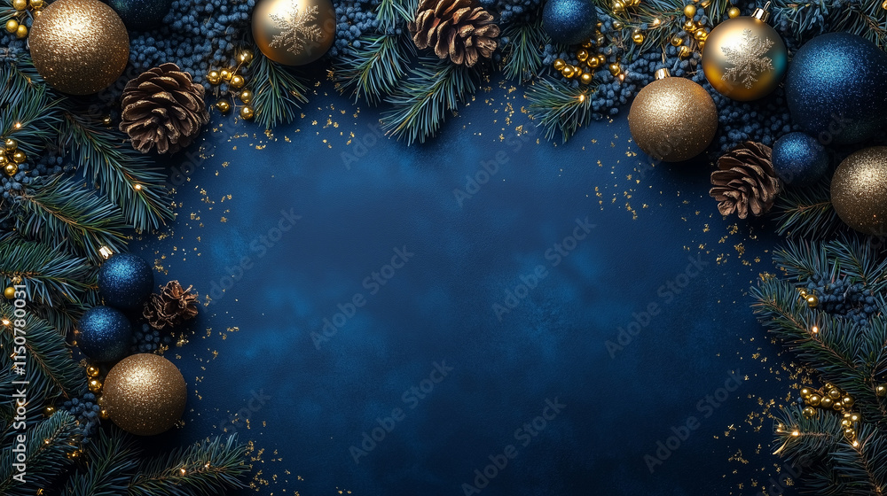 Poster a dark blue backdrop enhanced by golden light bokeh and sparkling particles. the delicate balance of