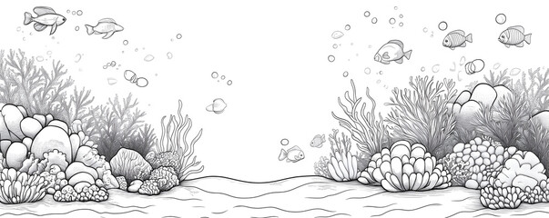 Fototapeta premium oral reef, children's style, coloring book, white background, arrangement of marine plants with coral and starfish and other plants