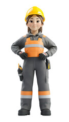 A cartoon-style construction worker wearing a safety helmet and reflective gear, ready for work in an industrial setting.
