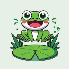 Happy green frog sits on a lily pad in grass.