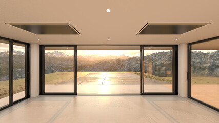 大きな窓があるリビングダイニング　3DCGレンダリング
