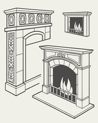 Cozy fireplaces with detailed mantels, crackling fire, and elegant hearths in vector format.